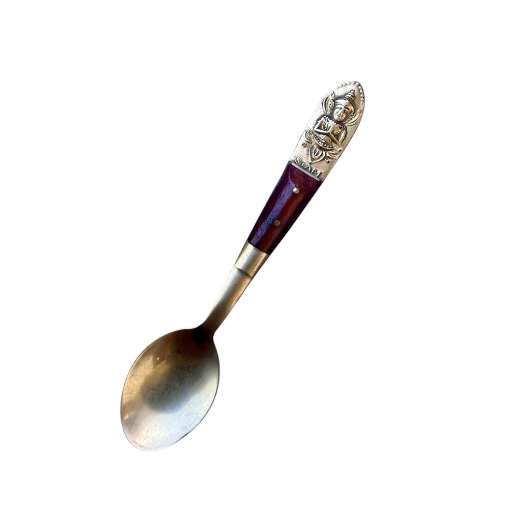 Vintage Thai Siam Nickel Bronze Spoon Buddha Medallion Rosewood Handle 4.5"